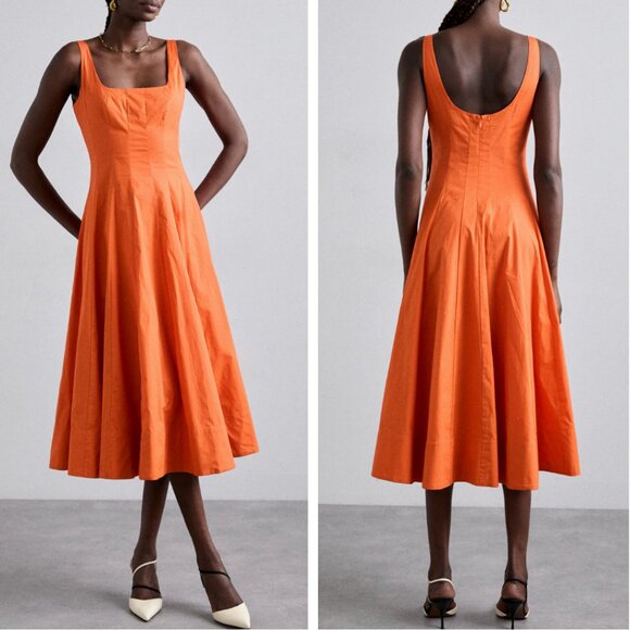 NWT STAUD Wells Midi Dress Tangerine Orange French Cotton Casual Sz6 Classic - Picture 2 of 7